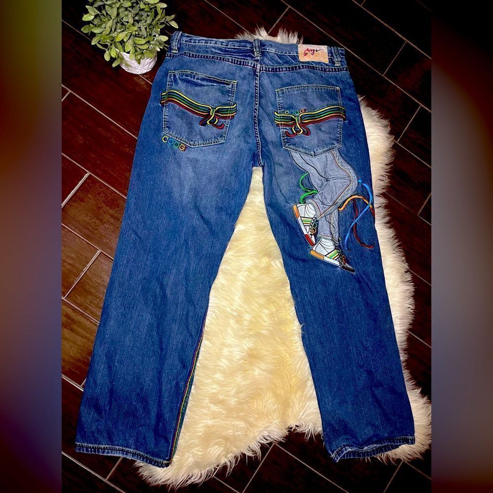 Coogi Australian Mens Jeans 42 x 35 Embroidered Baggy Hip Hop 90s Blue